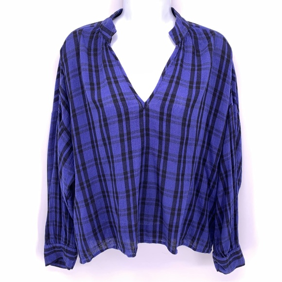 Madewell Blue and Black Casual Popover Collared Shirt Size Medium - Picture 1 of 6